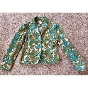Ann Taylor LOFT Floral Corduroy Jacket Blazer Sz 6 Green Teal Classic Boho Artsy